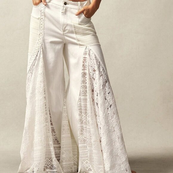 White Casual Women's Boho Bohemian Style Patchwork Mid-Waist Flare Pants - Picture 4 of 14